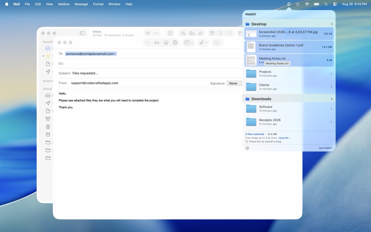 Nabbit open from the Mac menu bar, listing recent files from Desktop and Downloads, with one file being dragged into a new Mail message.