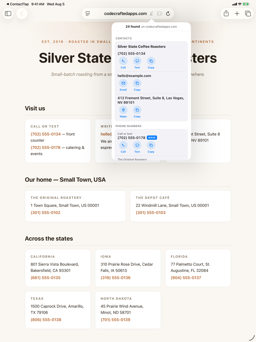 ContactTap's popover on iPad, anchored to the Safari toolbar, listing a business's phone number, email, and street address alongside the page it was found on.