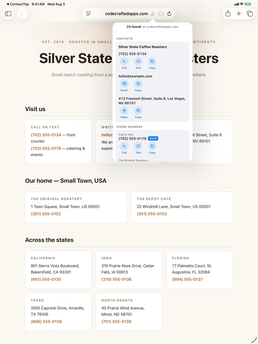 ContactTap's popover on iPad, anchored to the Safari toolbar, listing a business's phone number, email, and street address alongside the page it was found on.