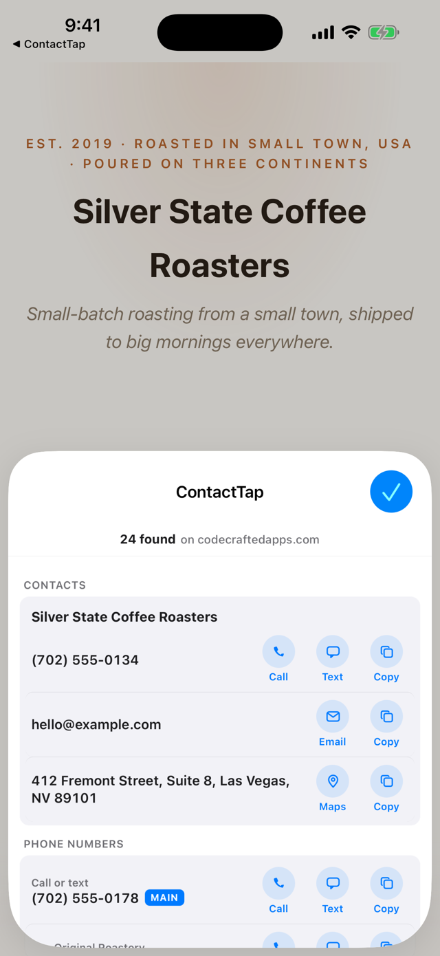 ContactTap's sheet on iPhone over a coffee-roaster page, listing the business's phone number, email, and street address with Call, Text, Email, Maps, and Copy actions, and a blue Main badge on the main line.