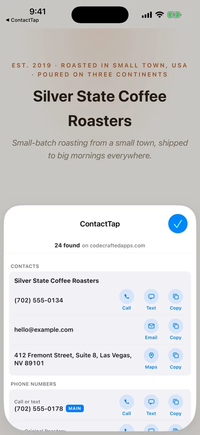 ContactTap's sheet on iPhone over a coffee-roaster page, listing the business's phone number, email, and street address with Call, Text, Email, Maps, and Copy actions, and a blue Main badge on the main line.