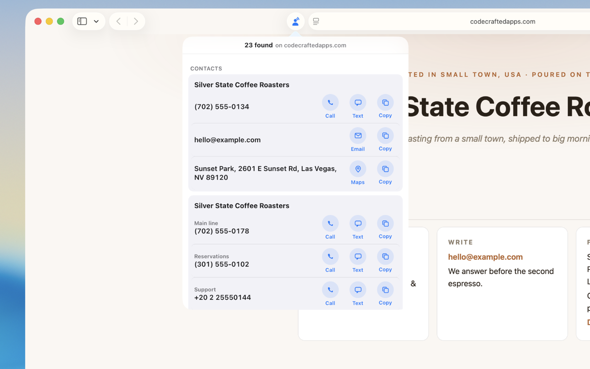Safari on macOS with the ContactTap popup open over a coffee-roaster page. A named contact card lists a phone number, email, and street address, each with its own Call, Text, Email, Maps, and Copy actions. A second card labels three numbers Main line, Reservations, and Support.
