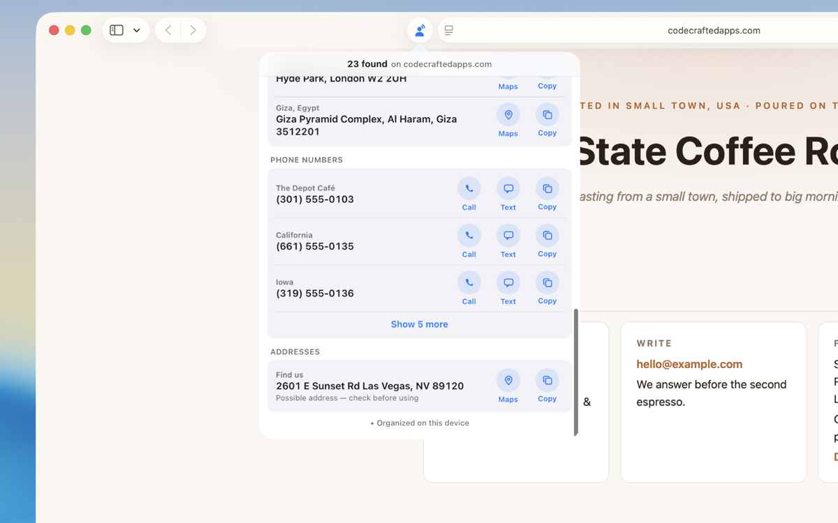 The ContactTap popup listing addresses in London and Giza, each with Maps and Copy actions, with the note 'Organized on this device' beneath the results.