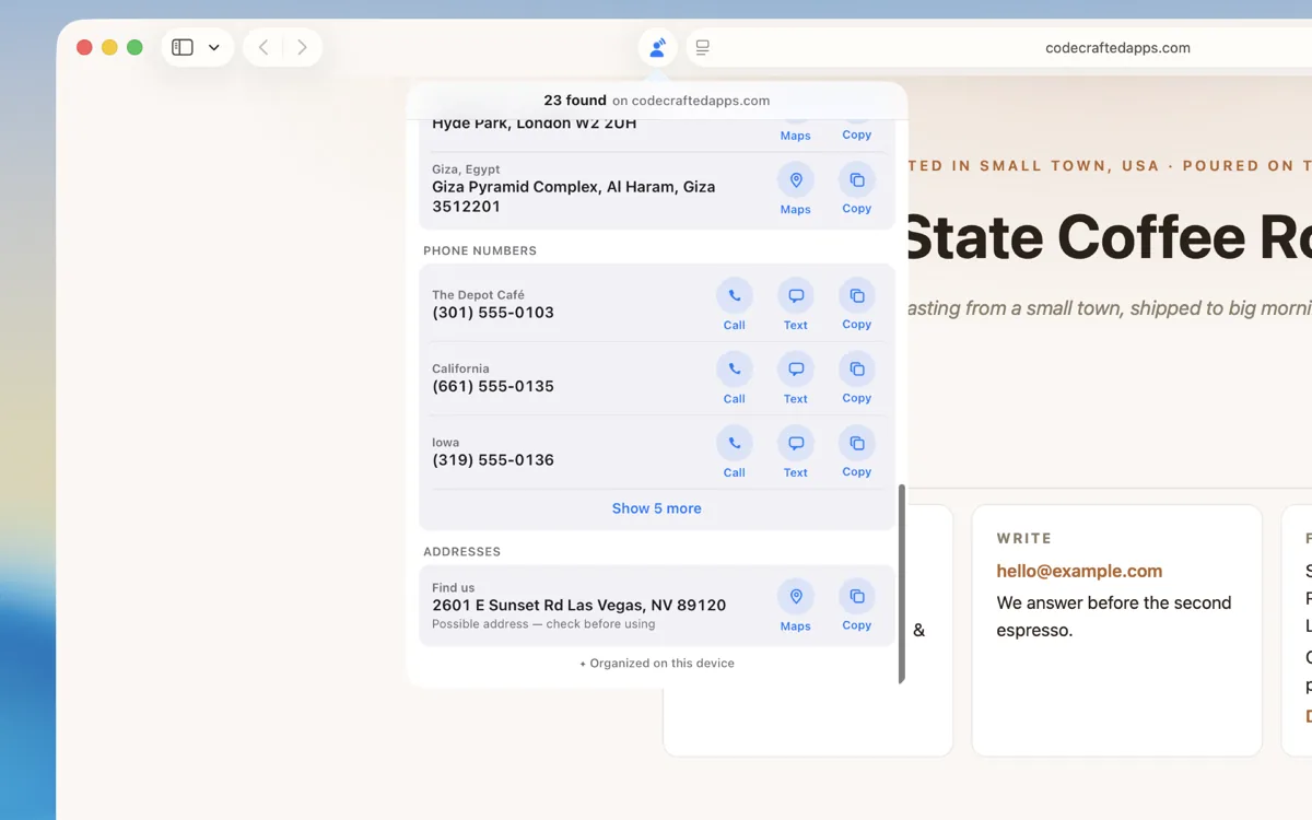 The ContactTap popup listing addresses in London and Giza, each with Maps and Copy actions, with the note 'Organized on this device' beneath the results.