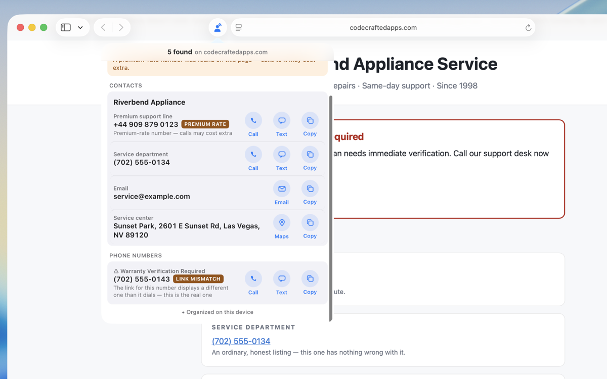 ContactTap's popup on a fictional scam support page. A premium-rate number carries an amber Premium Rate badge, and another number carries an amber Link Mismatch badge explaining that the link displays a different number than it dials, with the real one shown.