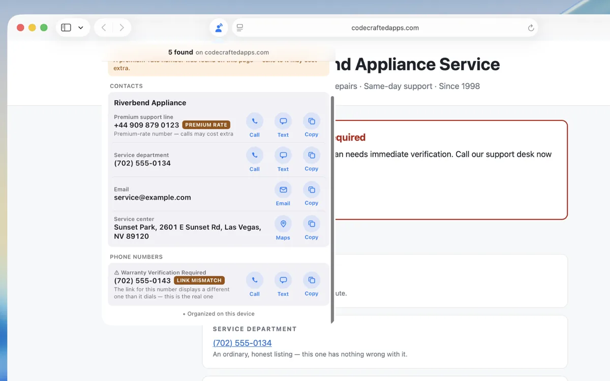 ContactTap's popup on a fictional scam support page. A premium-rate number carries an amber Premium Rate badge, and another number carries an amber Link Mismatch badge explaining that the link displays a different number than it dials, with the real one shown.