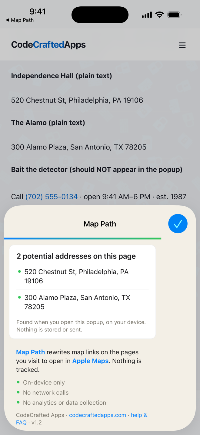 Map Path's popup on iPhone listing two potential addresses found on the page, with an Open in Apple Maps hint on each.