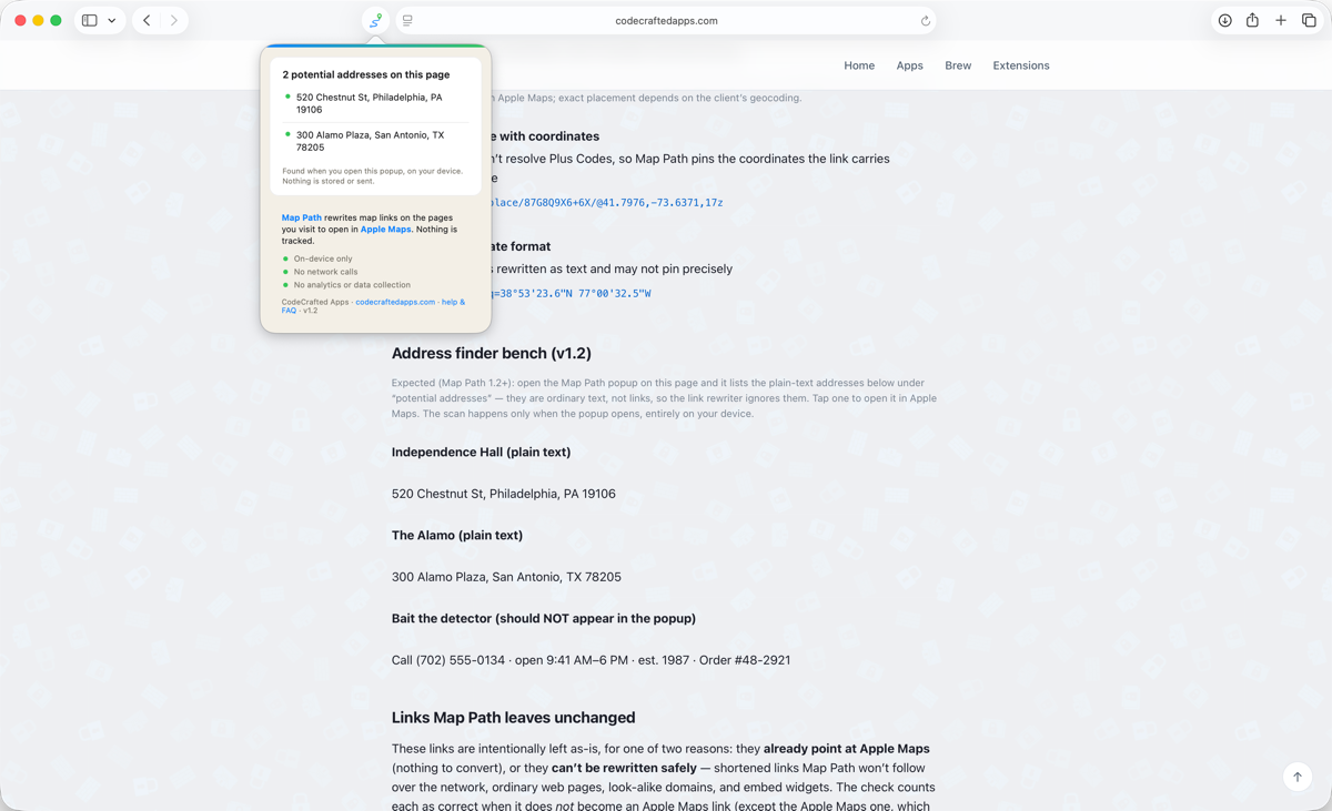 Map Path's toolbar popup on macOS listing two potential addresses found on the page, each ready to open in Apple Maps.