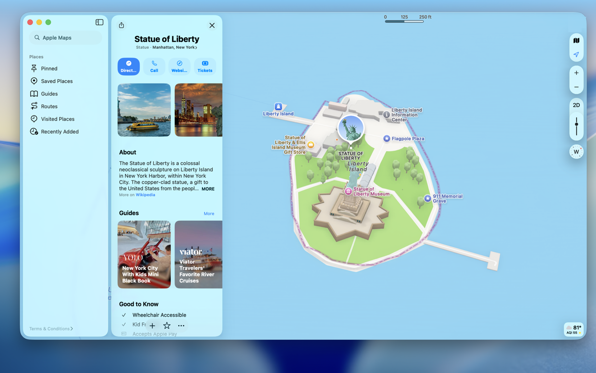 Apple Maps on macOS showing Liberty Island and the Statue of Liberty place card after clicking a rewritten link.