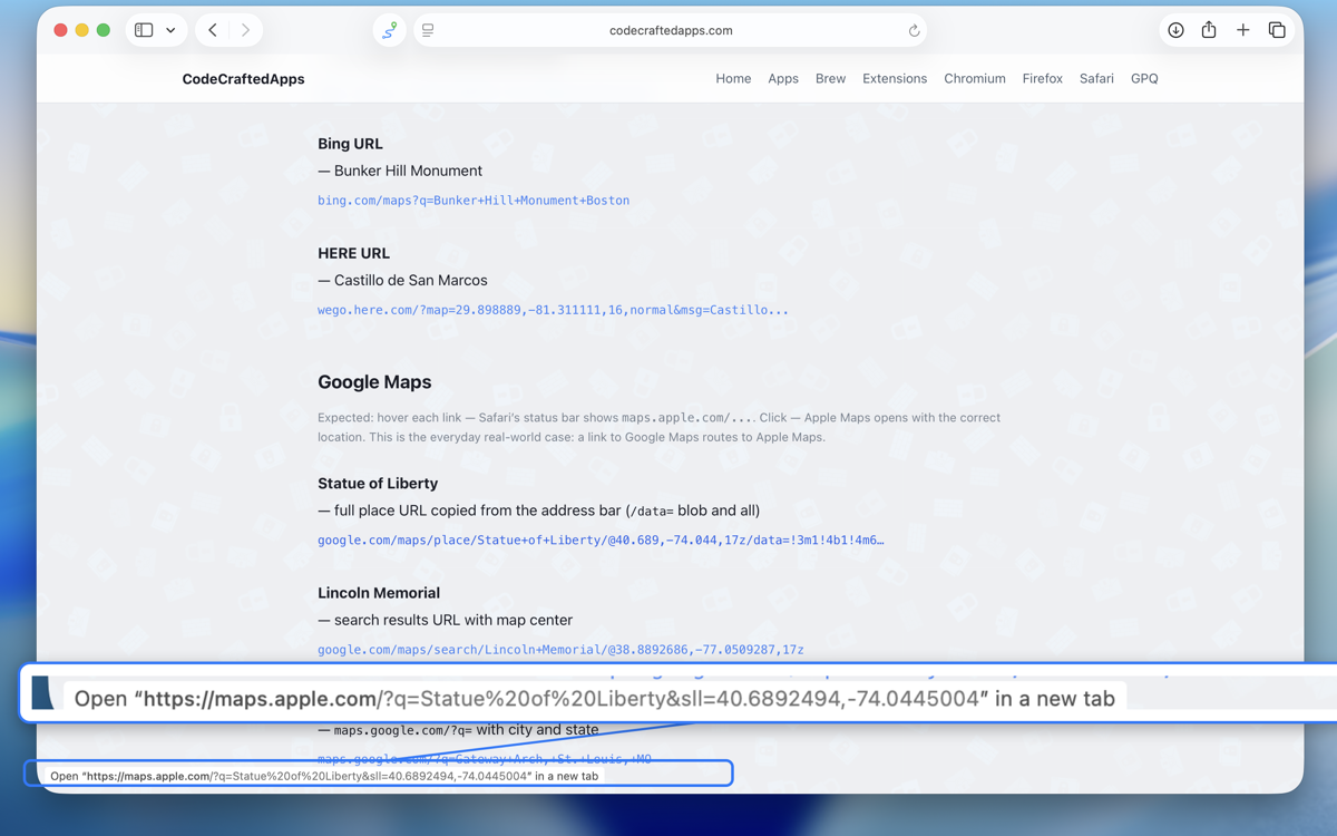 Safari hovering a Google Maps link on the test page; a magnified callout shows the status bar reading maps.apple.com.