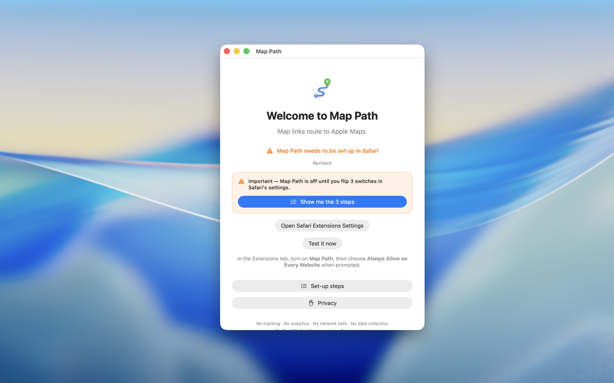 Map Path's welcome window on macOS with an orange callout explaining the three switches needed in Safari's settings.