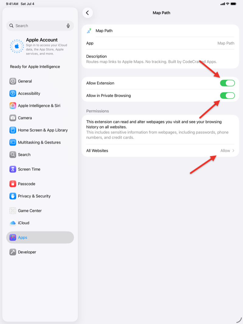 iPad Settings page for Map Path with arrows pointing at Allow Extension, Allow in Private Browsing, and All Websites set to Allow.