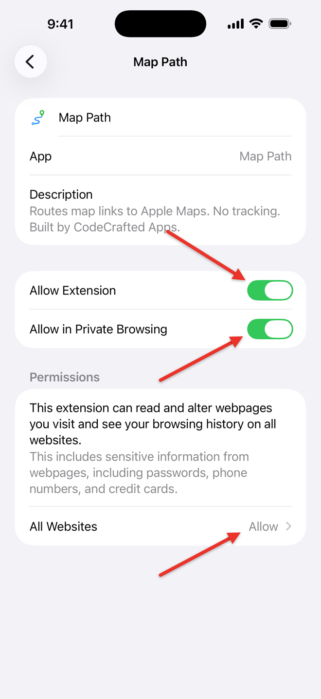 iPhone Settings page for Map Path with arrows pointing at the Allow Extension switch turned on, the Allow in Private Browsing switch turned on, and All Websites set to Allow.