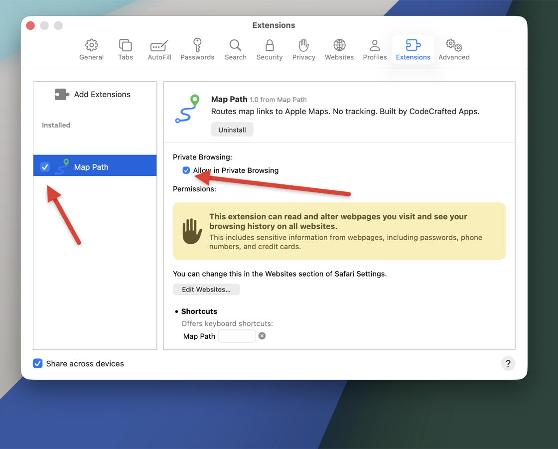 Safari's Extensions settings on macOS in light mode, with arrows pointing at the ticked Map Path checkbox and the Allow in Private Browsing option.